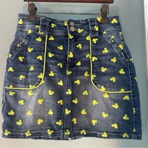 Disney Denim Skirt w Mickeys -Neon Yellow embroidered Mickey Pattern